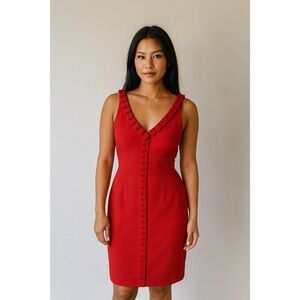 Carmen Marc‎ Valvo Red V Neck Sleeveless Sheath Dress Size 10 Silk